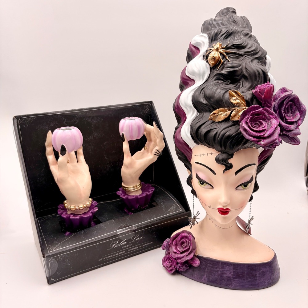 Bella Lux Halloween Bride of Frankenstein Bust & Hand Candle Holder Set Purple